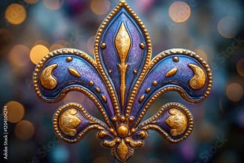 A purple and gold ornate decoration shaped like a fleur de lis, suitable for framing or display photo