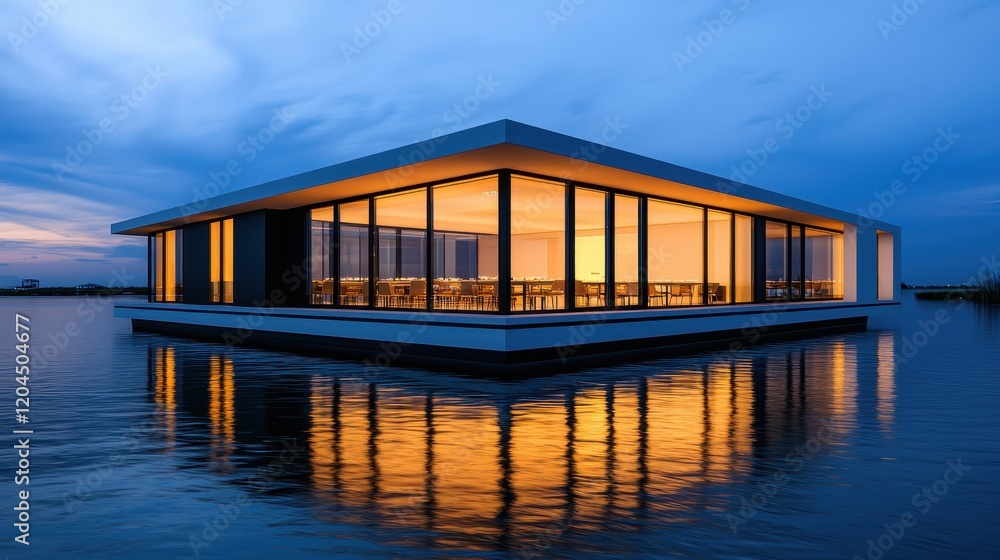 A modern structure with large glass windows reflects beautifully in water, illuminated against a twilight sky. A modern structure with large glass windows reflects beautifully in water, illuminated against a twilight sky.