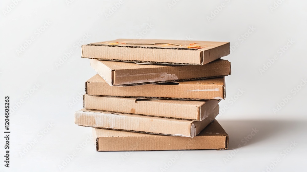 Stacked pizza boxes shown in isolation against a white background Stacked pizza boxes shown in isolation against a white background