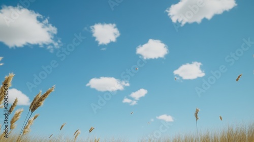 A group of birds soaring through the air above a lush meadow