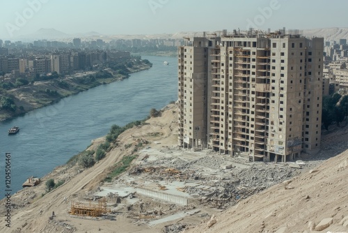 A panoramic view of Aswan city, Egypt, from a boat on the west coast of the Nile on a sunny day photo