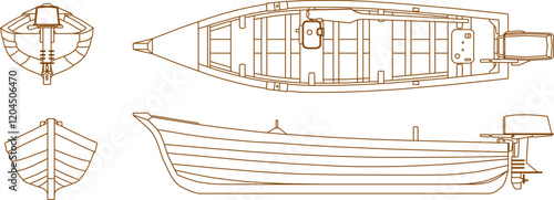 vector sketch illustration of the silhouette of a fishing boat design for fishing in rivers and seas.eps