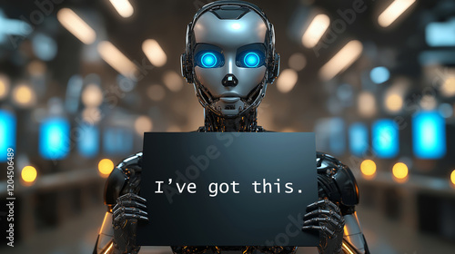A humanoid AI robot holds a sign I've Got This in a manufacturing plant reflecting future automation, unemployment, and artificial intelligence jobs takeover of the workforce