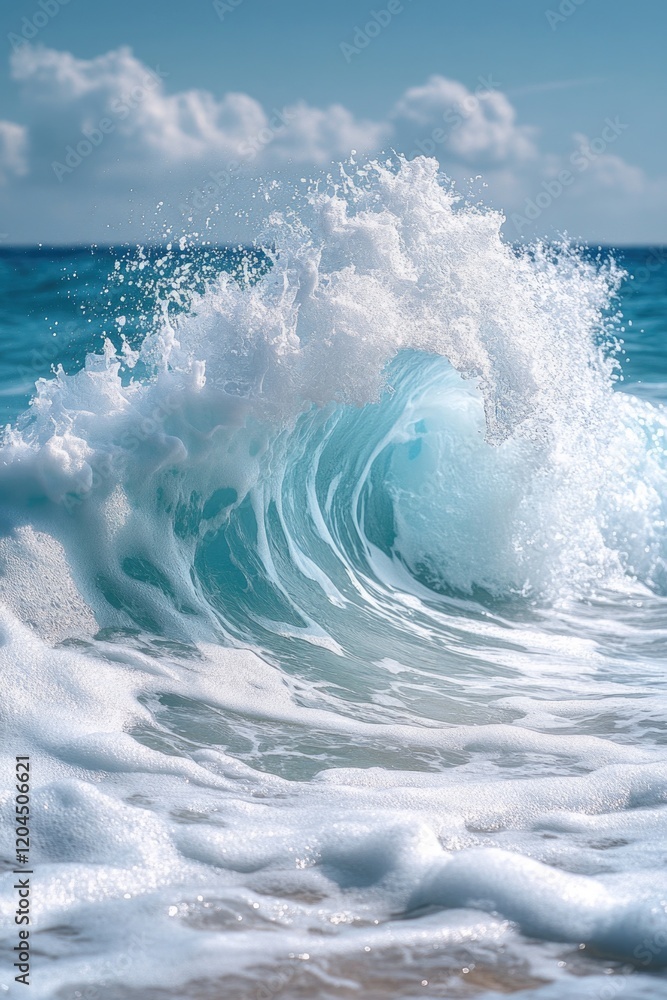 Fototapeta premium A large wave crashing onto the sandy beach