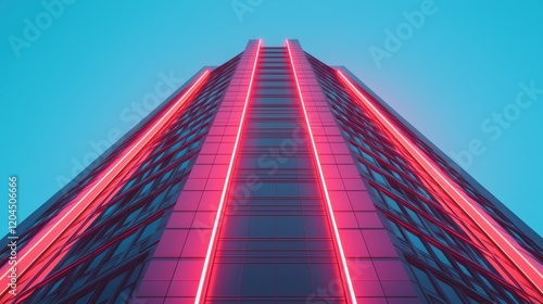 Wallpaper Mural A stunning view of a tall modern building lit with vibrant pink neon lights against a clear blue sky, creating a striking architectural perspective. Torontodigital.ca