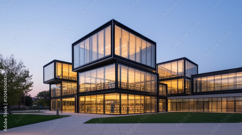 Obraz premium A modern architectural structure featuring glass facades and geometric shapes, illuminated at dusk, surrounded by green spaces.