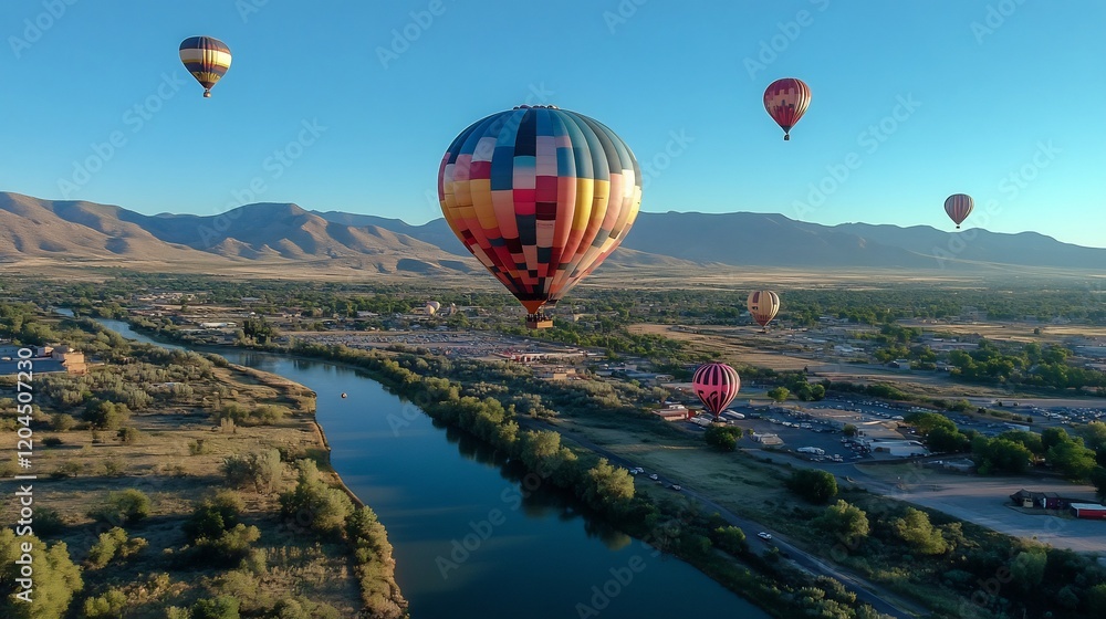 Naklejka premium Aerial View of Hot Air Balloons Soaring Over Scenic River Valley Landscape Under a Clear Blue Sky
