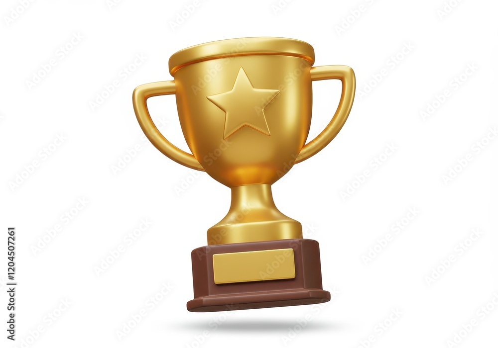 A 3D illustration of a golden trophy with a star emblem in the center featuring a brown base with a nameplate A 3D illustration of a golden trophy with a star emblem in the center featuring a brown base with a nameplate