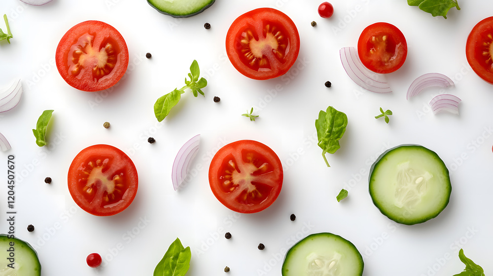 Fresh Sliced Onion, Cucumber, and Tomato on White Background Fresh Sliced Onion, Cucumber, and Tomato on White Background