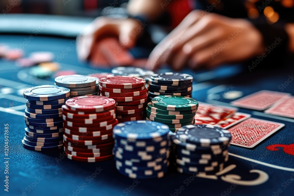 Player rolls dice on a casino craps table, surrounded by chips and spectators Player rolls dice on a casino craps table, surrounded by chips and spectators