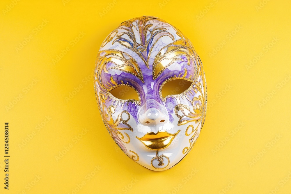 A purple and white mask sits on a bright yellow background, ideal for use in designs about beauty, culture or creativity A purple and white mask sits on a bright yellow background, ideal for use in designs about beauty, culture or creativity