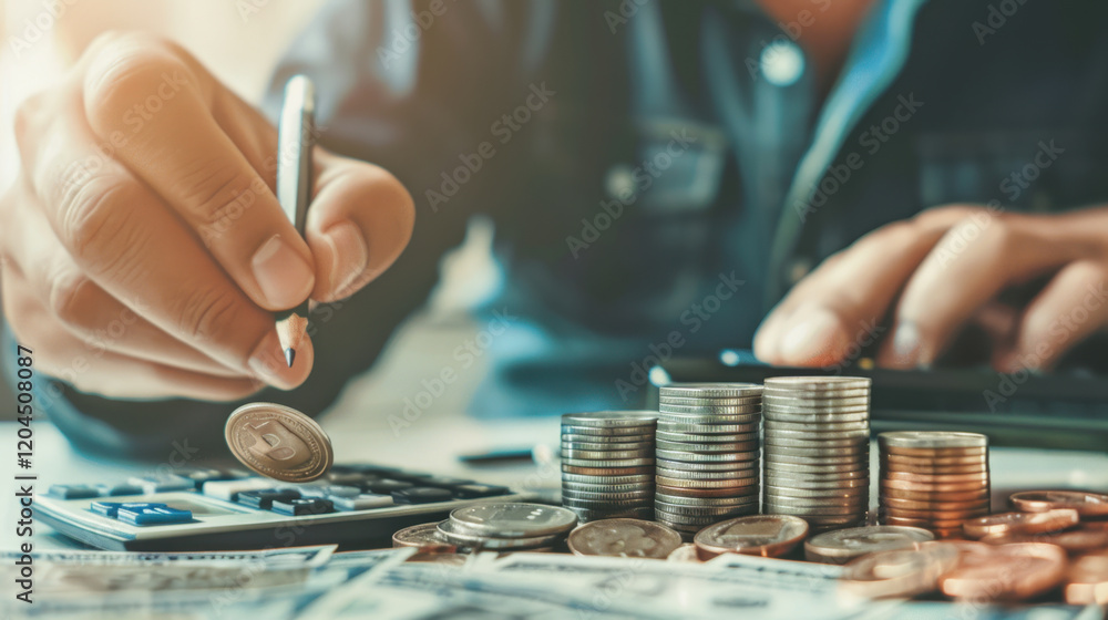 person calculating finances with coins and calculator, representing budgeting and savings. scene conveys sense of financial planning and management