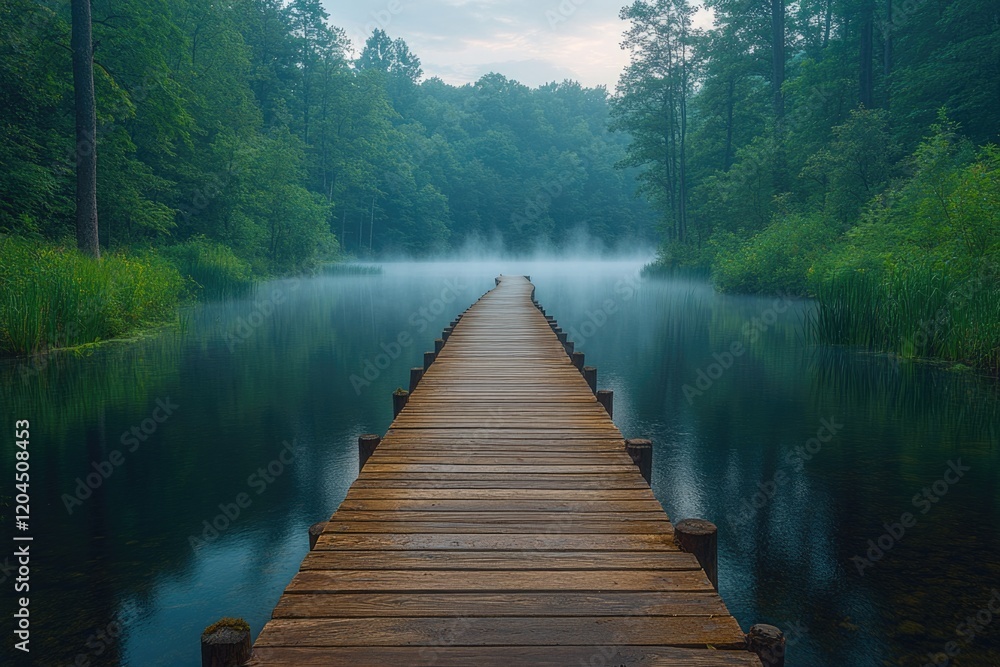 A long wooden bridge spanning across a calm body of water, perfect for use in travel or landscape photography A long wooden bridge spanning across a calm body of water, perfect for use in travel or landscape photography