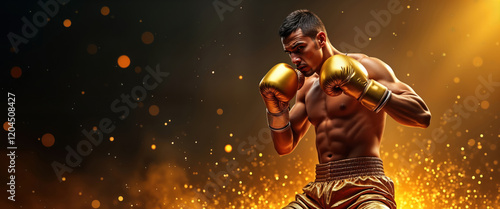 Wallpaper Mural Muscular boxer in fighting stance. Golden boxing gloves, shorts. Dark background with golden sparkles. Powerful, intense moment. Focus on athleticism, determination. Professional athlete, training. Torontodigital.ca