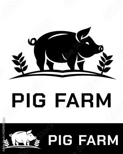 Minimalist pig farm logo featuring a pig silhouette with decorative leaves