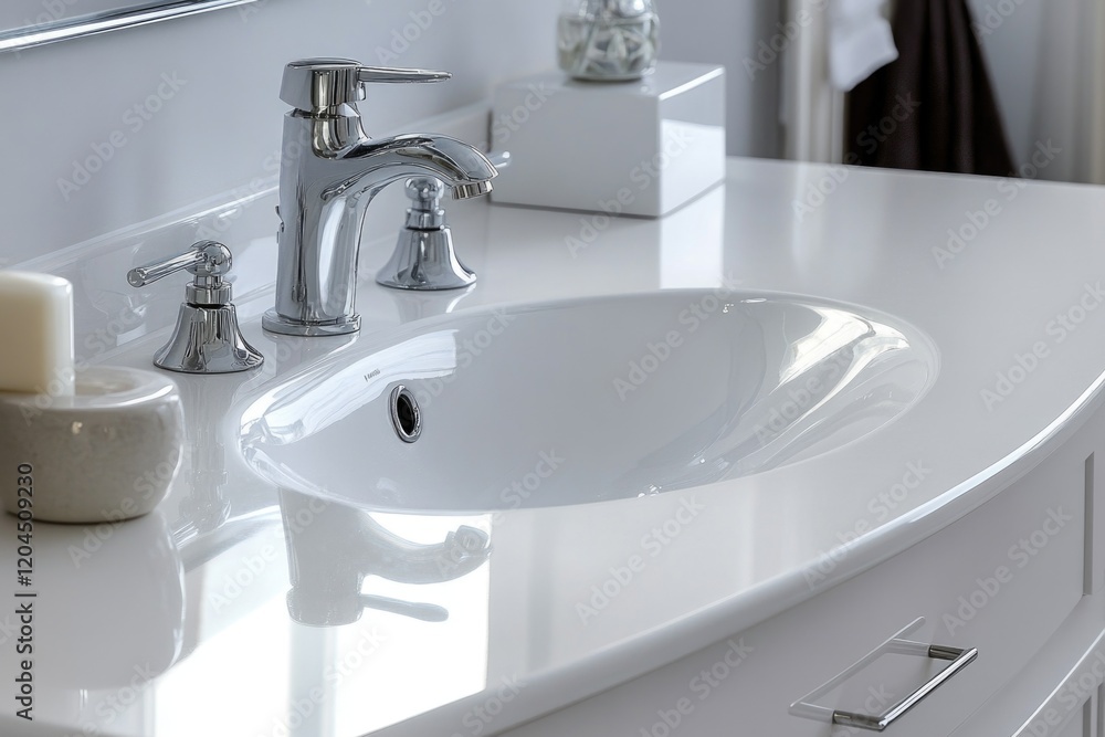 Fototapeta premium A white bathroom sink sits under a mirror