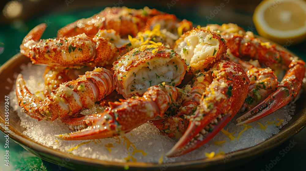 A plate of succulent, butterstuffed crab legs, seasoned with garlic, herbs, and lemon zest, rests on a bed of coarse salt. The crab legs are beautifully arranged, showcasing the creamy filling A plate of succulent, butterstuffed crab legs, seasoned with garlic, herbs, and lemon zest, rests on a bed of coarse salt. The crab legs are beautifully arranged, showcasing the creamy filling