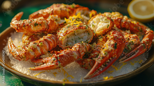 A plate of succulent, butterstuffed crab legs, seasoned with garlic, herbs, and lemon zest, rests on a bed of coarse salt. The crab legs are beautifully arranged, showcasing the creamy filling photo