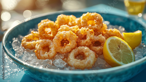 Goldenfried calamari rings served on ice in a teal bowl with lemon wedges. A sunny, summery food image. Delicious seafood appetizer photo