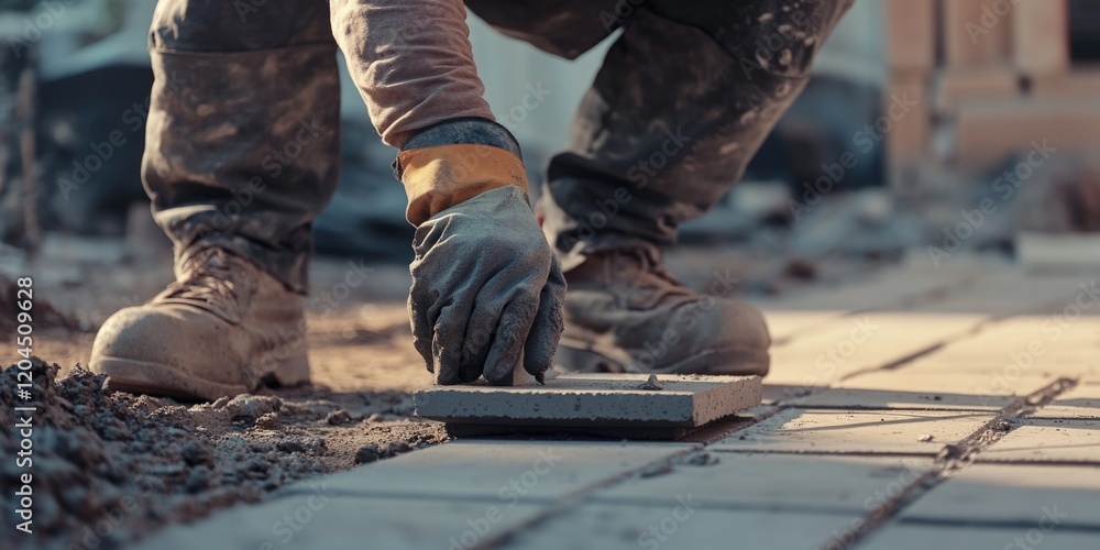 A construction worker laying bricks on a sidewalk A construction worker laying bricks on a sidewalk