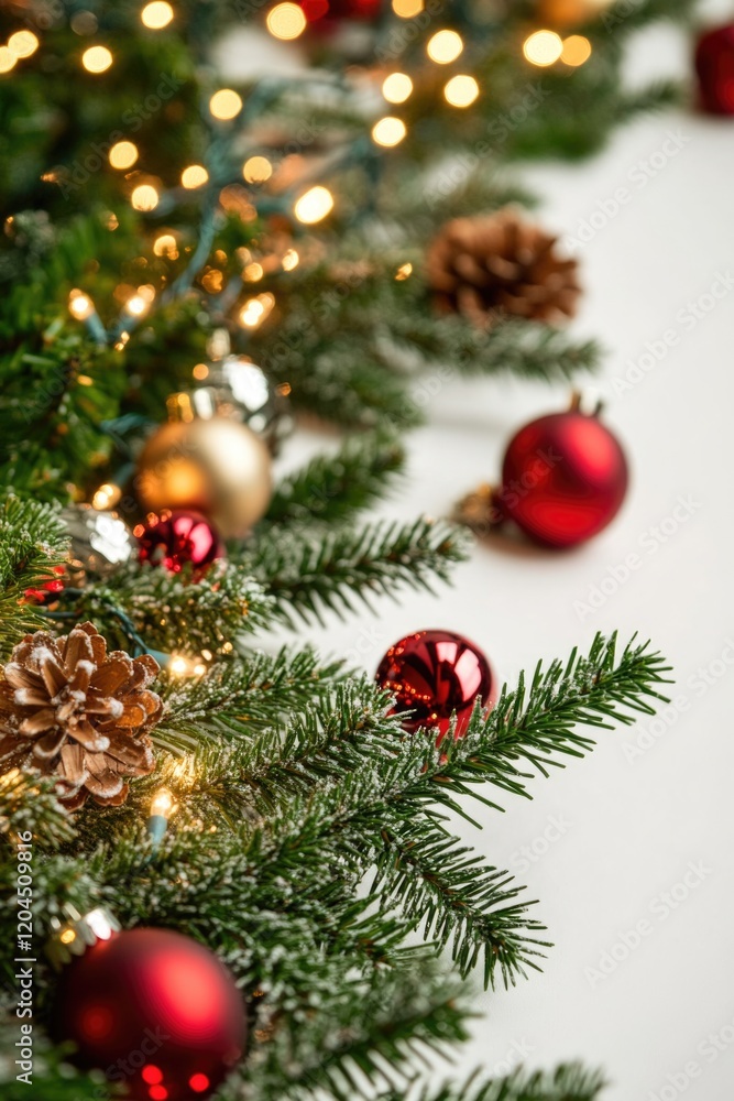 A close-up view of Christmas decorations on a table, ideal for use in holiday-themed projects and designs A close-up view of Christmas decorations on a table, ideal for use in holiday-themed projects and designs
