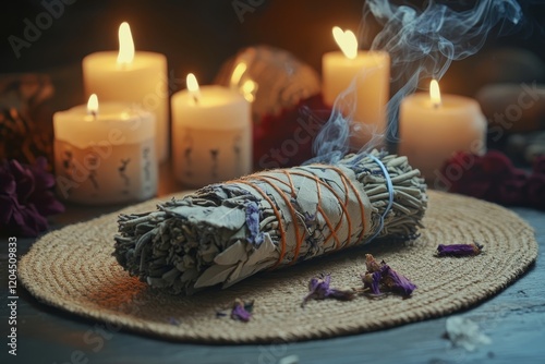 A woman holds burning white sage during a ritual on a table adorned with candles and green plants. The smoke from the sage is believed to alleviate pain and stress, purge negative energy, and enhance photo