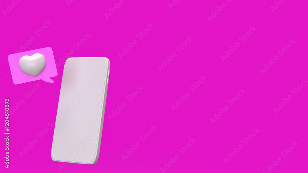 White mobile and heart on pink background  3d Rendering.