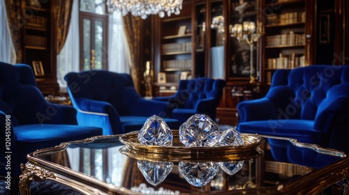 Luxurious blue velvet armchairs in a classic library with crystal ornaments on a coffee table.