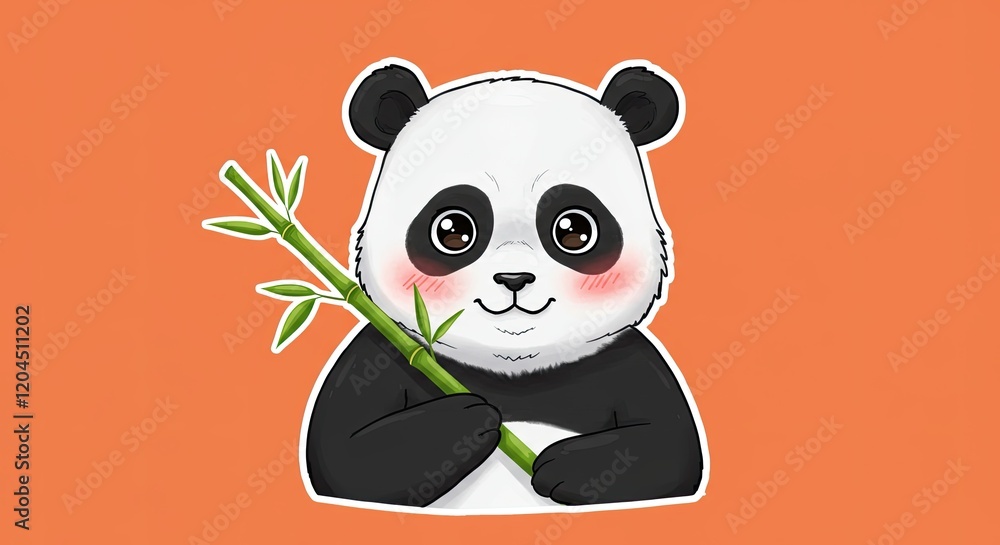 Obraz premium A sticker of a cute panda holding a bamboo stick, sporting rosy cheeks and a curious look. 