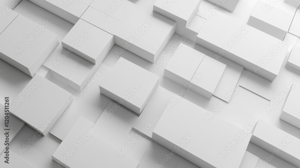 Abstract arrangement of white geometric boxes on a flat surface in a minimalistic style. Generative AI
