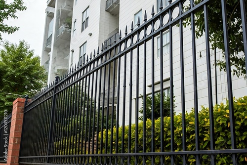 Modern black metal fence surrounds a white apartment building.