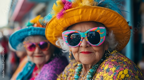 Colorful Elderly Women Wearing Vibrant Hats and Sunglasses Pose Joyfully in a Lively Street, Showcasing Their Unique Fashion Sense and Playful Spirit During a Festival