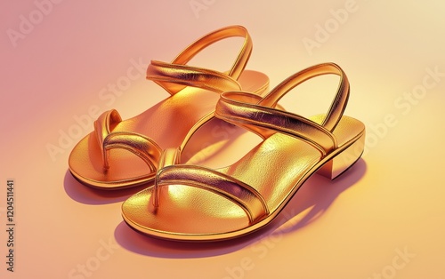 Chic strappy sandals with a metallic gold finish placed on a soft gradient background photo