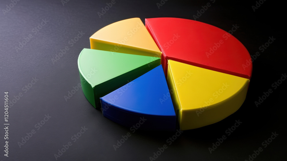 Obraz premium Colorful pie chart model on dark background, showcasing segments in red, yellow, green, and blue. This educational tool represents data visualization and analysis