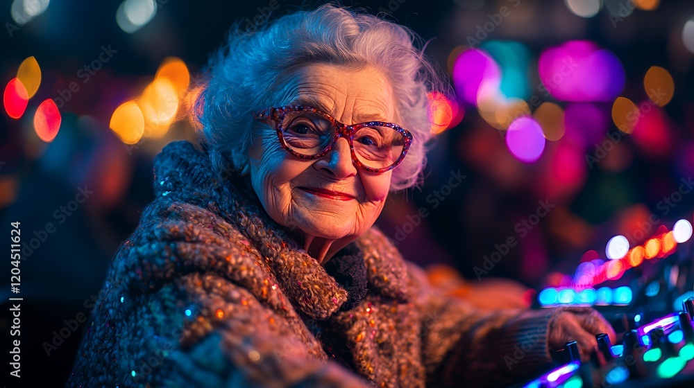 Naklejka premium Elderly Woman Engaged in Mixing Music at a Vibrant Outdoor Event During the Evening With Colorful Lights Illuminating Her Surroundings