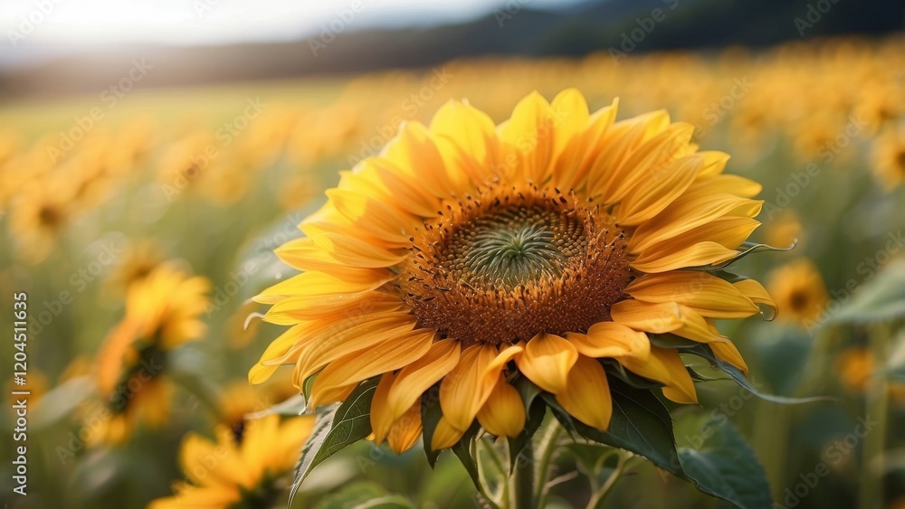 Fototapeta premium Detailed sunflower petal, blurred meadow background