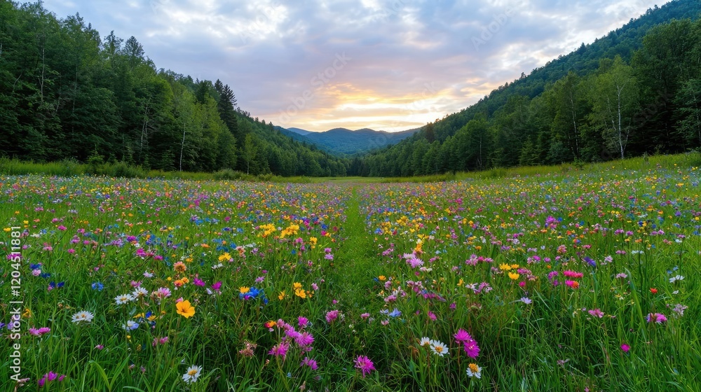 Sunset over vibrant wildflowers meadow in mountain valley Sunset over vibrant wildflowers meadow in mountain valley