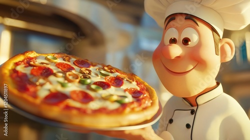 A cartoon character holding a pizza on a plate