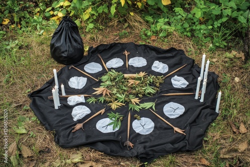 A table featuring alcohol, coca leaves, and cigarettes for making a payment to Pachamama in Peru..A table set with alcohol, coca leaves, and cigarettes as part of a payment to Pachamama in Peru..A photo