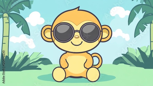 Cute cartoon monkey wearing sunglasses in tropical setting.