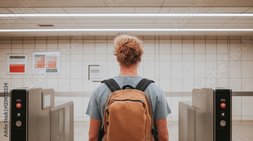 Young man with backpack facing turnstiles in subway station. Modern commuting, urban transportation, and everyday mobility. photo