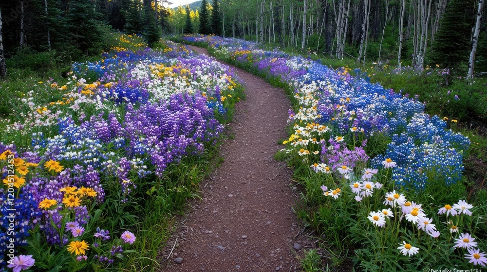 Fototapeta premium Winding dirt path curves through a vibrant field of blooming purple and yellow wildflowers in a lush green forest during daytime.