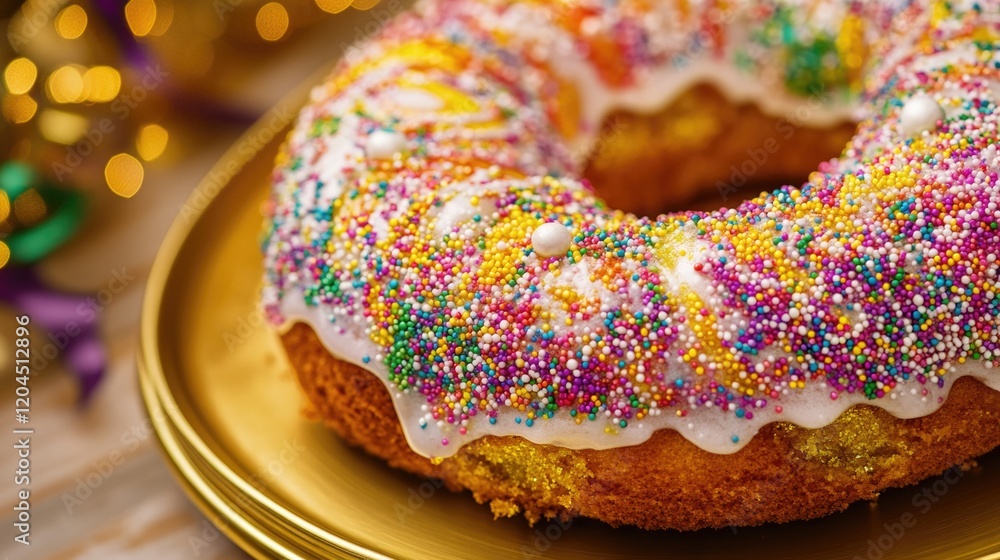 A delicious donut topped with colorful sprinkles served on a golden plate A delicious donut topped with colorful sprinkles served on a golden plate