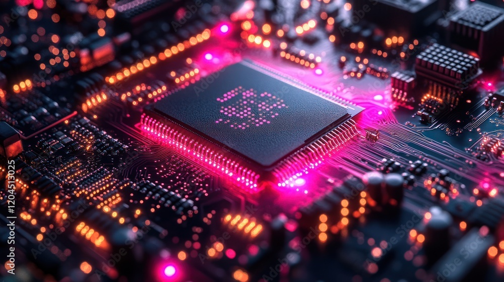 Close-up view of a vibrant microchip with glowing circuitry, showcasing technology innovation Close-up view of a vibrant microchip with glowing circuitry, showcasing technology innovation
