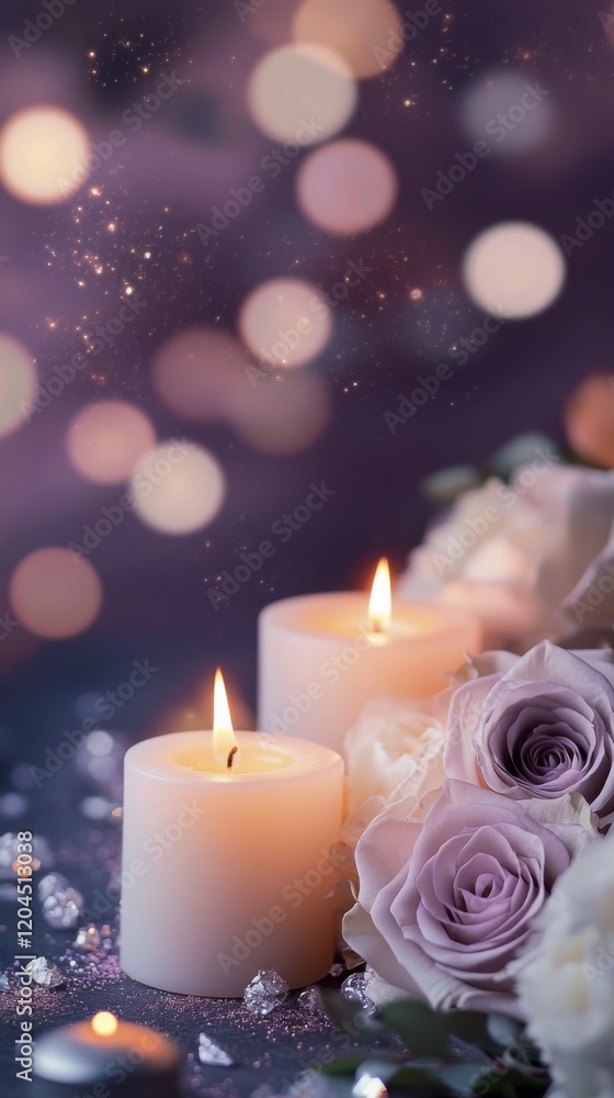 Soft candlelight glows with hearts, creating a romantic atmosphere for a special evening celebration. Social media template.