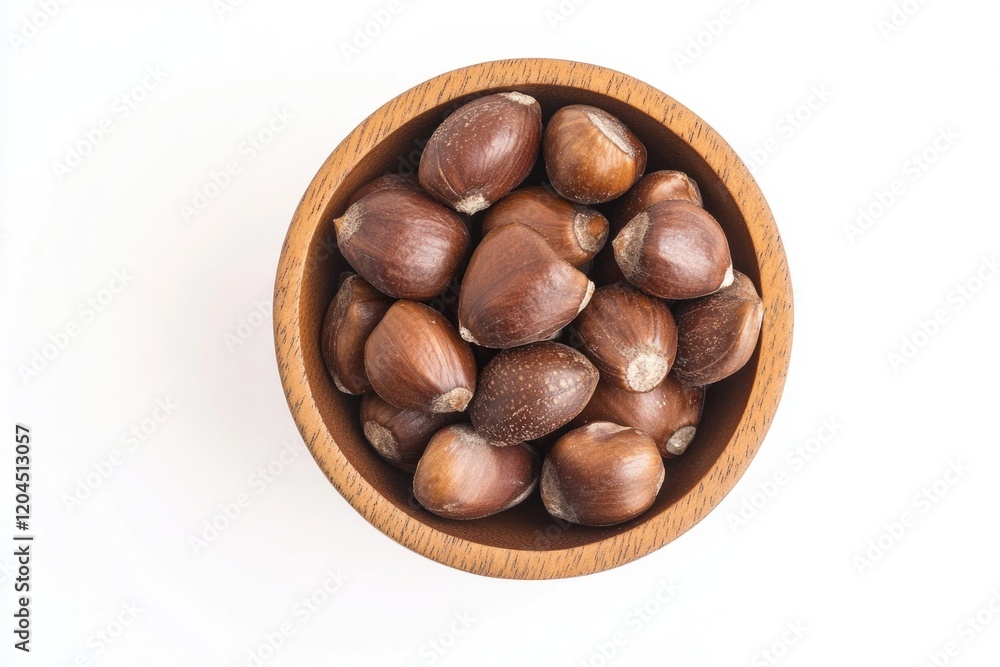 Fototapeta premium A wooden bowl filled with nuts on a white surface
