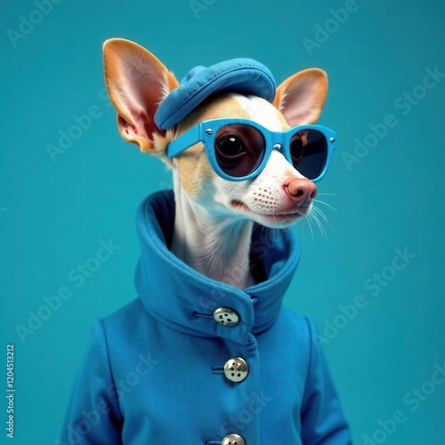 A small dog showcases its fashionable blue coat and stylish sunglasses while posing confidently against a vibrant turquoise background. The playful outfit highlights the dog's personality. photo