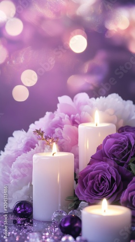 Soft candlelight glows with hearts, creating a romantic atmosphere for a special evening celebration. Social media template.