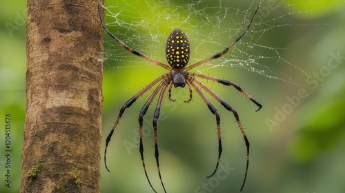A large, black and yellow spider with many long legs sits in the center of its web attached to a tree trunk.