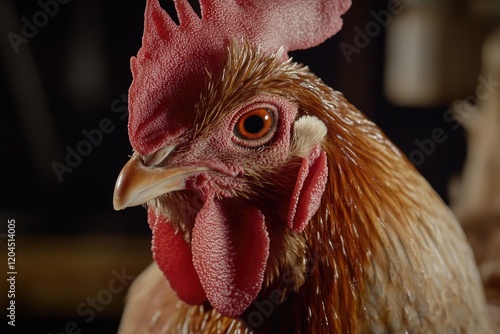 Close-up view of a rooster's head on a dark background photo